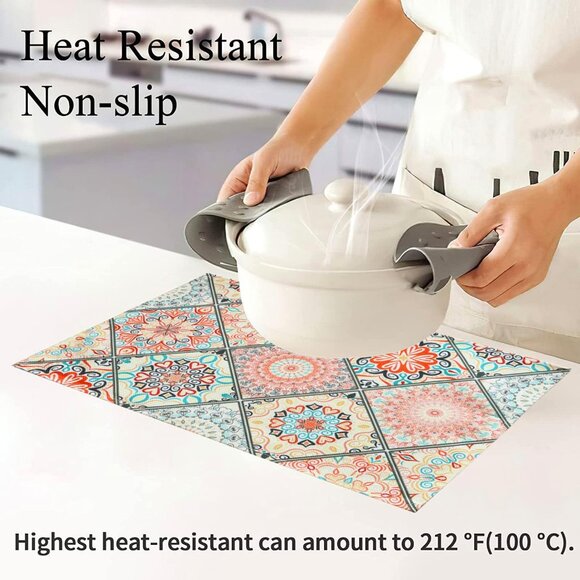 Table Placemats Set of 4 Boho Place Mats Linen Wipeable Placemats Heat Resistant - Picture 5 of 7